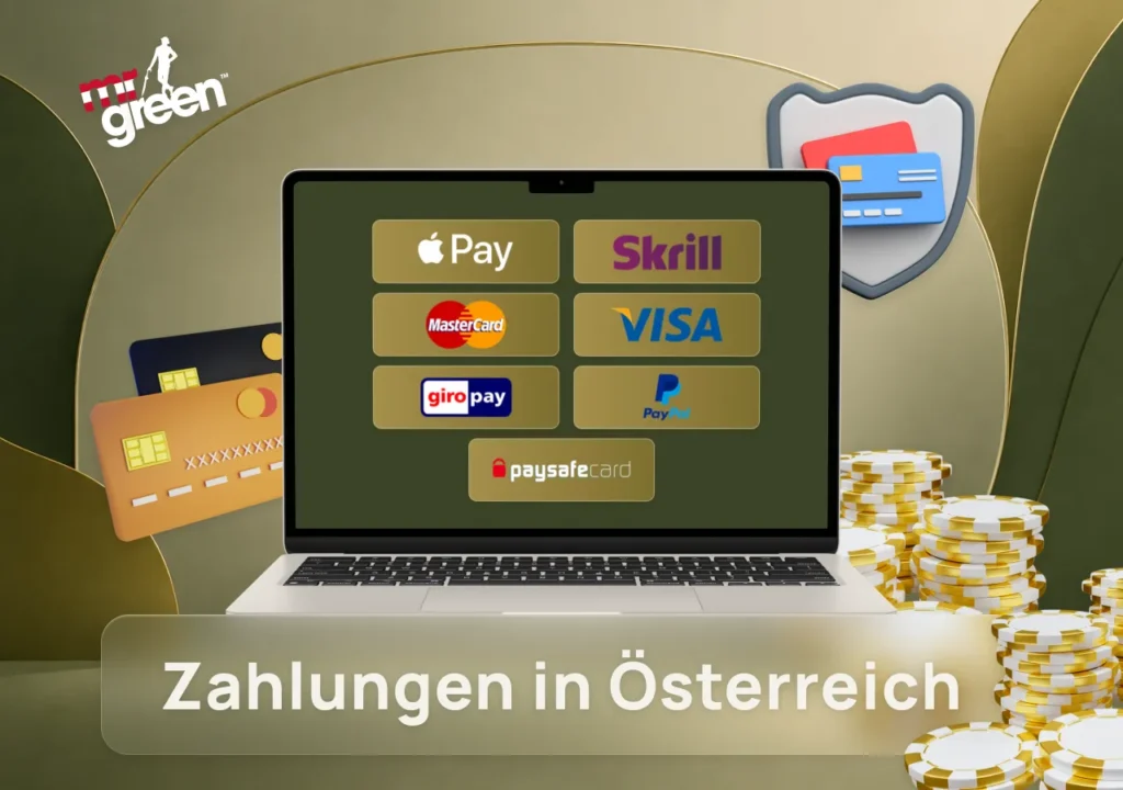Mr Green Casino zeigt sichere Zahlungsmethoden in Österreich mit Visa, Skrill und PayPal.