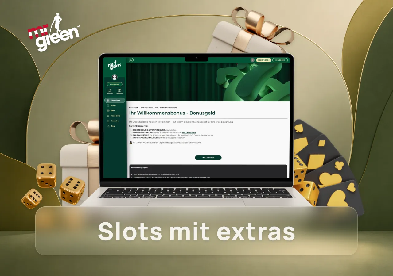 Willkommensbonus und Slot-Angebote von Mr Green Casino mit zusätzlichen Spielvorteilen.
